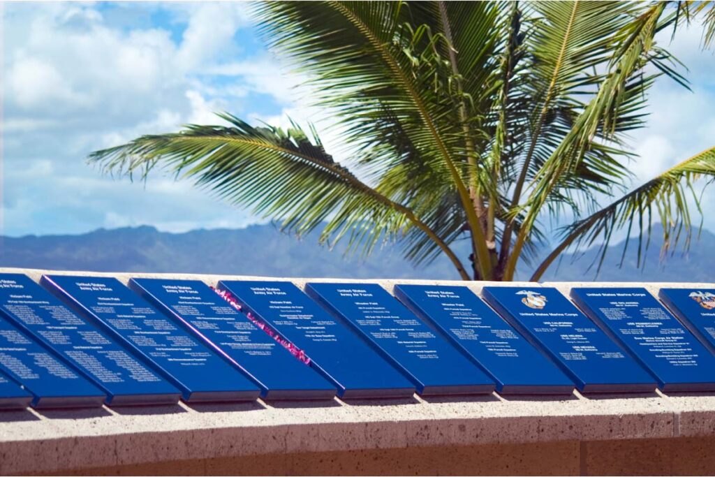 pearl harbor name plaques and palm tree