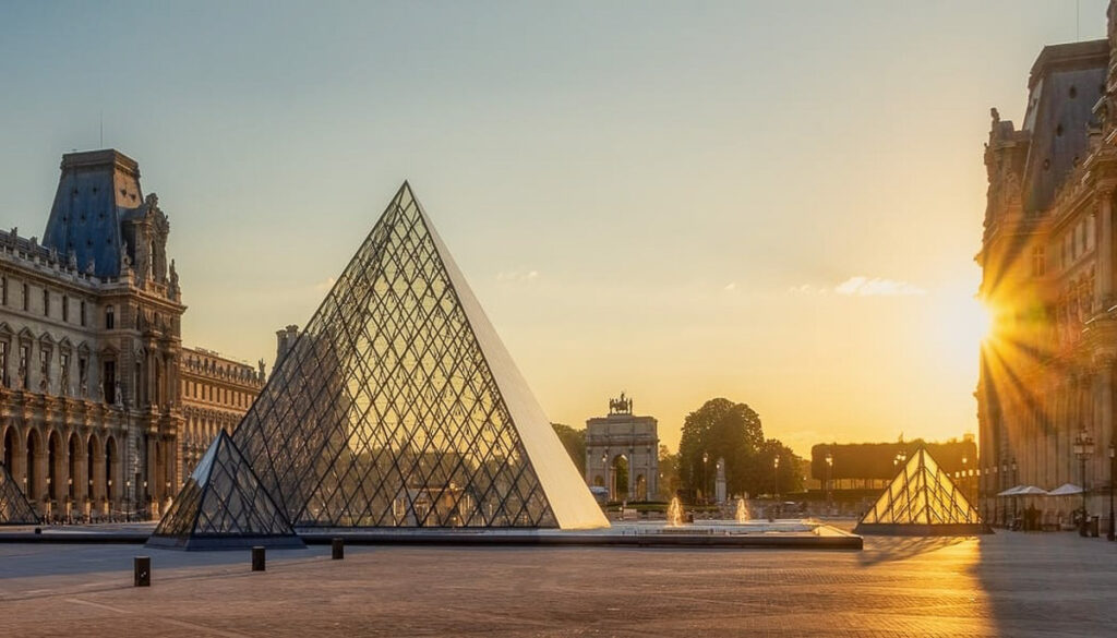 Glass pyramid of the Louvre at Sunrise