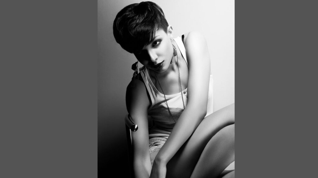 A girl from 60s with cropped hair cut