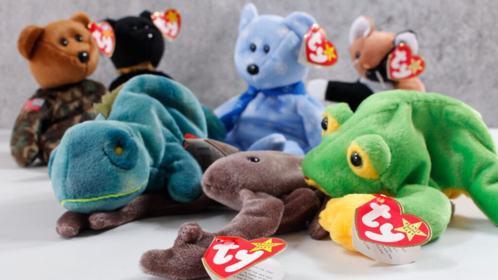 A view of a collection of Beanie Babies stuffed animal toys