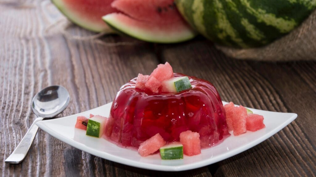 Fresh made Watermelon Jello on wooden background