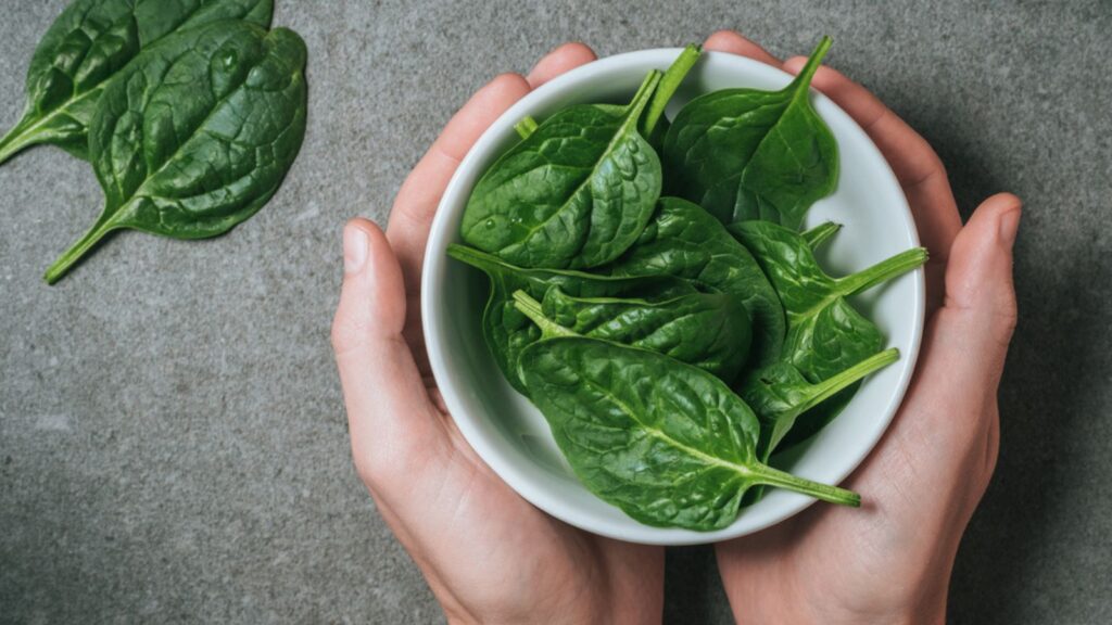 New Remove BG Save Share Sample New Top view of male hands holding spinach leaves in bowl