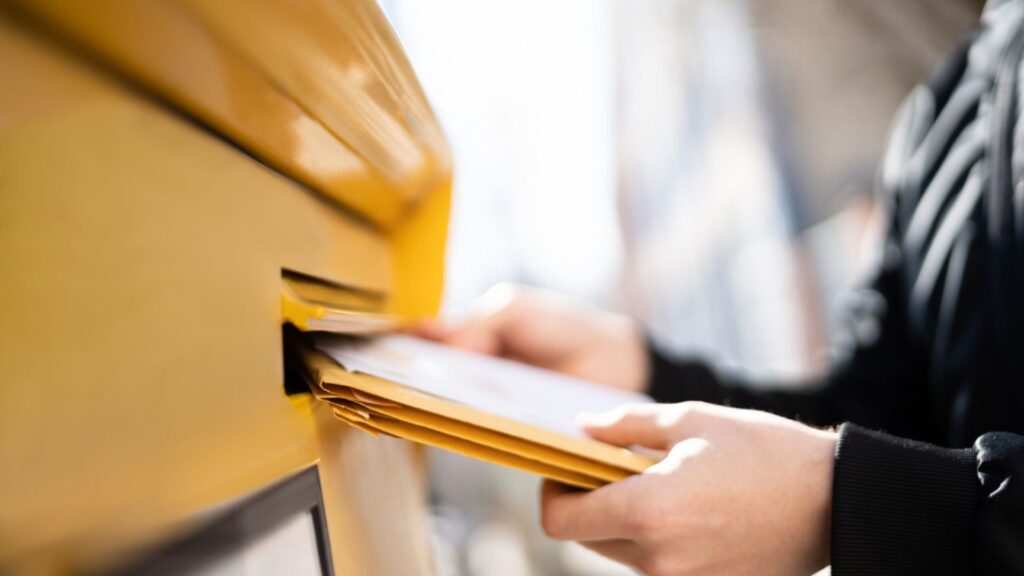 Letter In Envelope Or Document In Mailbox. Man Hand Sending Mail