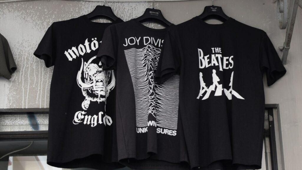 Rock music t-shirts printed with band logos for sale.