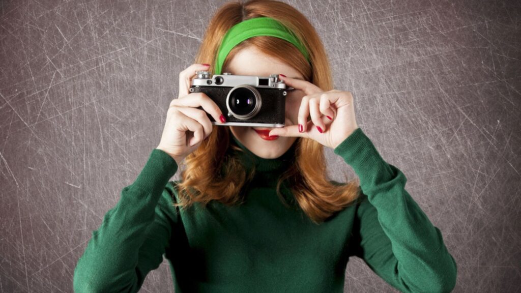 retro fashion green shirt and scarf vintage camera 60s