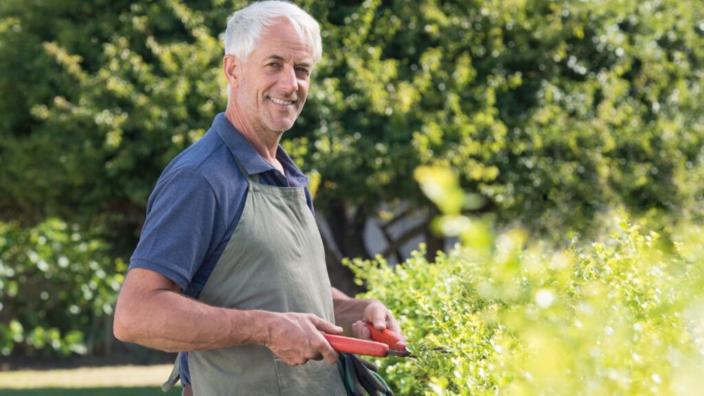 retired old man happy working in his garden nature