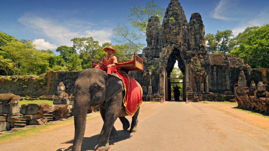 Elephant rides for tourists at Cambodia's most famous tourist attraction, the temple Angkor Wat in Siem Reap, Cambodia.
