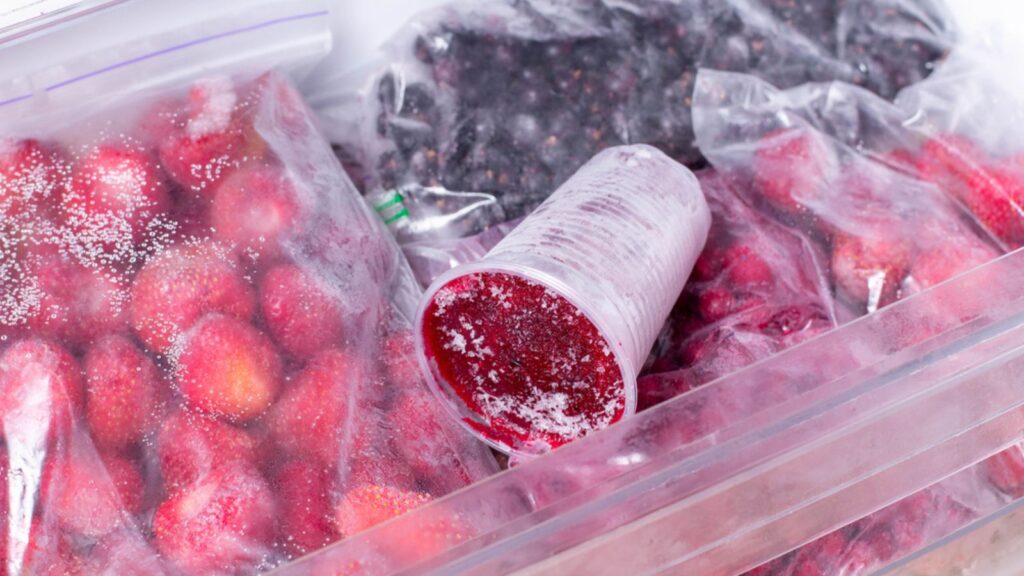 Frozen berry puree in the freezer. Frozen food in supper store