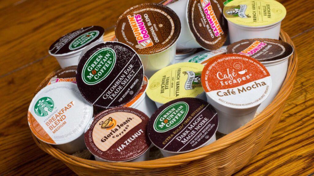 K-Cup Coffee Pods on a wooden table