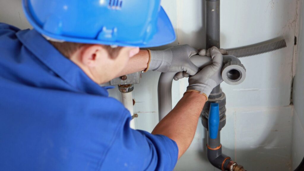 Plumber installing pipes