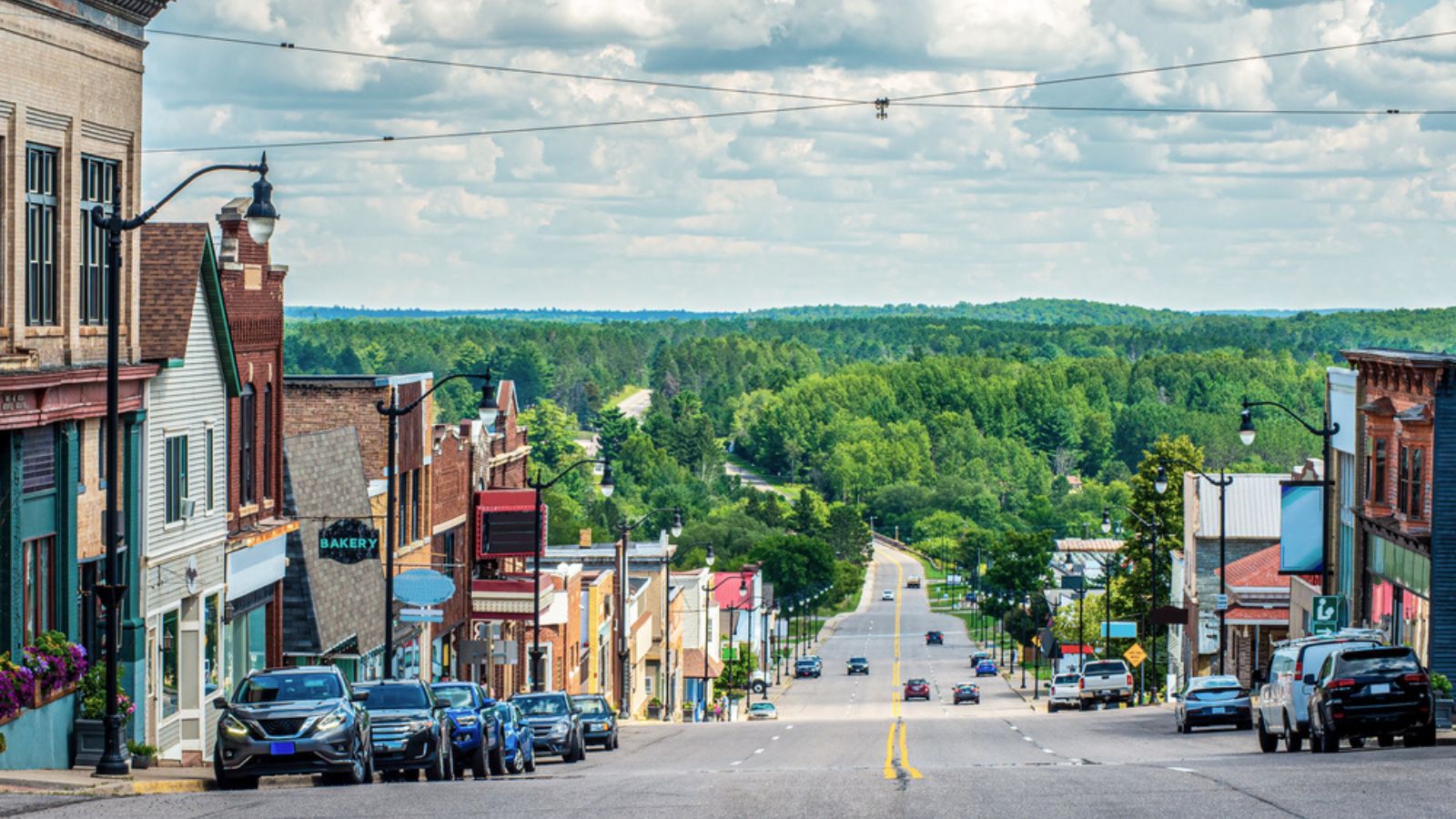 Small town Crystal Falls hilltop business district Northern Michigan