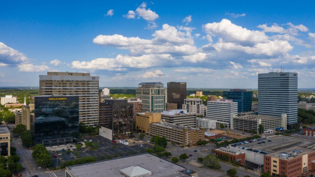 Drone aerial panorama of downtown Columbia South Carolina SC