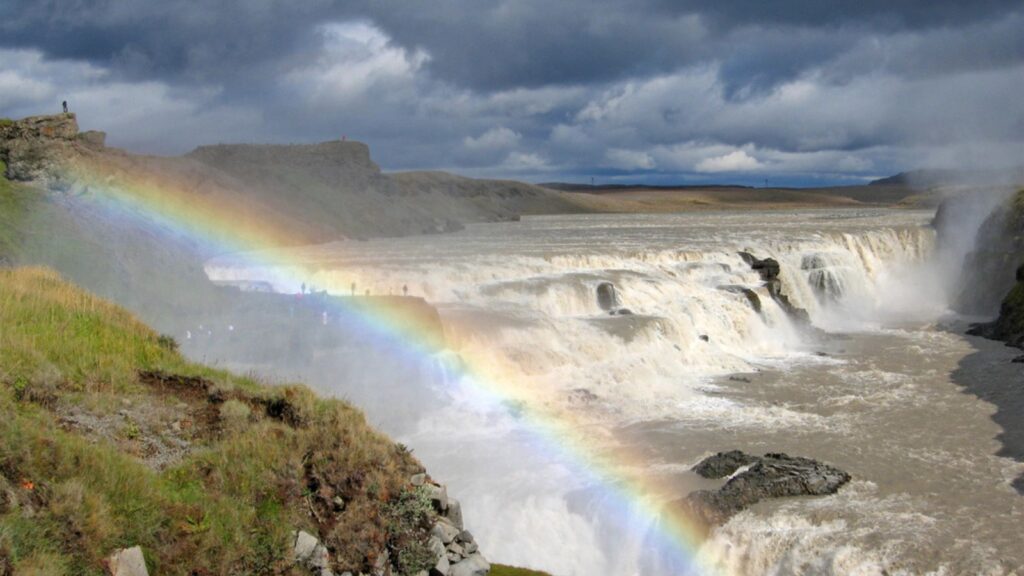 Waterfall Gullfoss with big rainbow