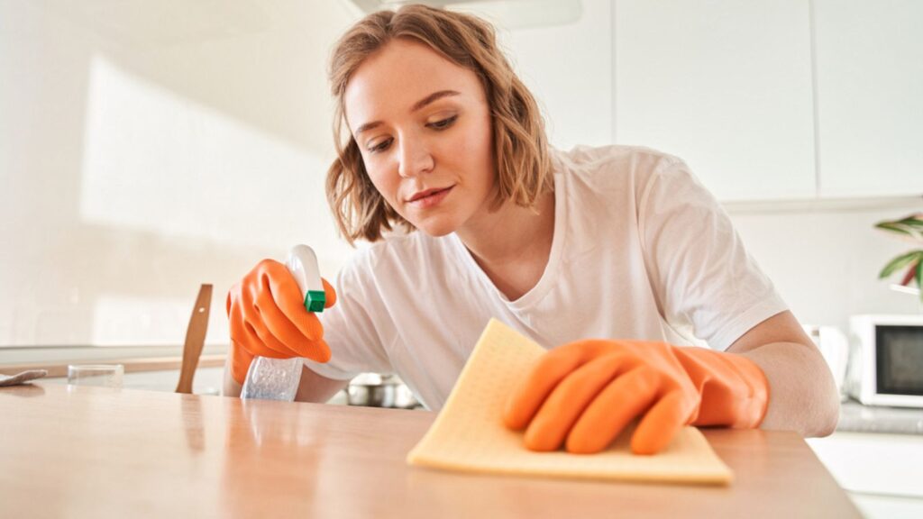 Focused Woman attentively making cleaning