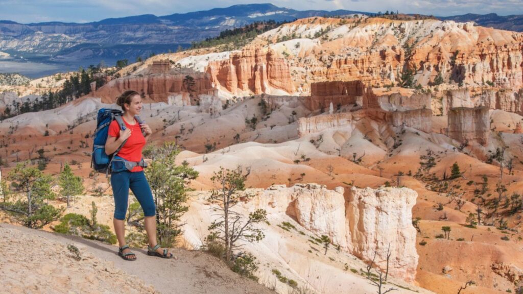 Hiker visits Bryce canyon National park in Utah, USA