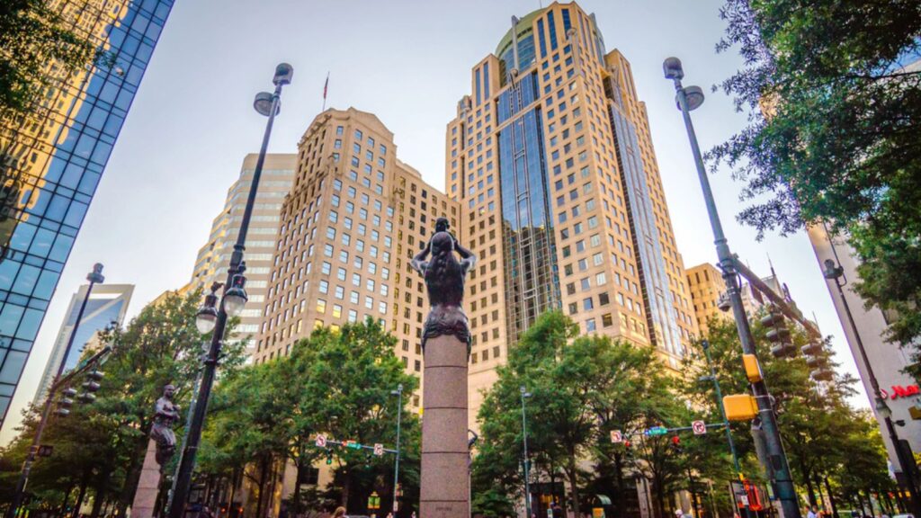 Skyline and city streets of charlotte north carolina usa