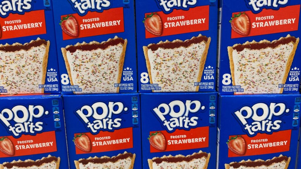 Strawberry Pop Tarts for sale on a grocery store shelf. Made by Nabsico