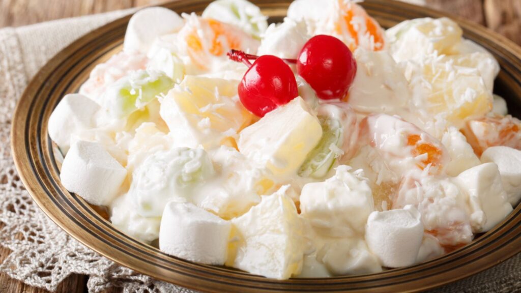 Summer Ambrosia delicious salad of fruits and marshmallows.