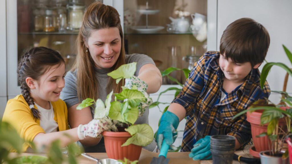happy mom and children family potting plants and crafting
