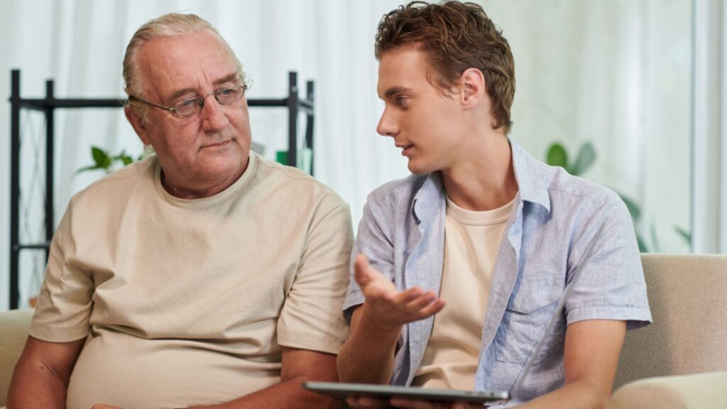 young gen z asking boomer old retired grandpa talking remembering