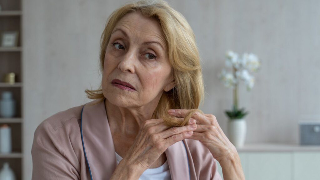 An elderly woman has problems with hair loss. An elderly woman looks at her hair in the mirror and is upset