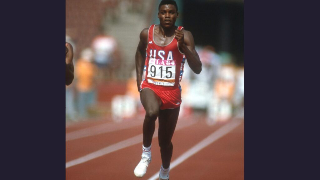 Carl Lewis running the 100 meter Race at the 1984 Olympics in Los Angeles California
