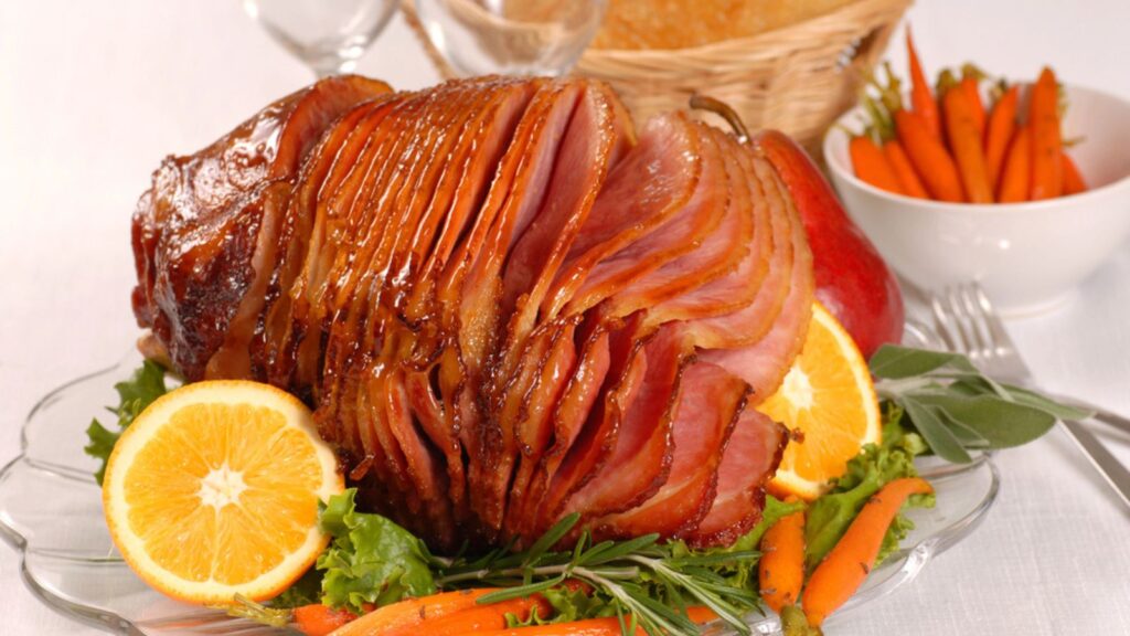 Easter honey glazed ham with carrots