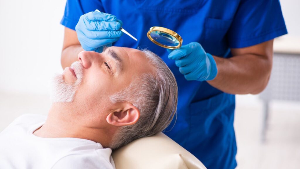Old man visiting young male doctor in hair transplantation concept