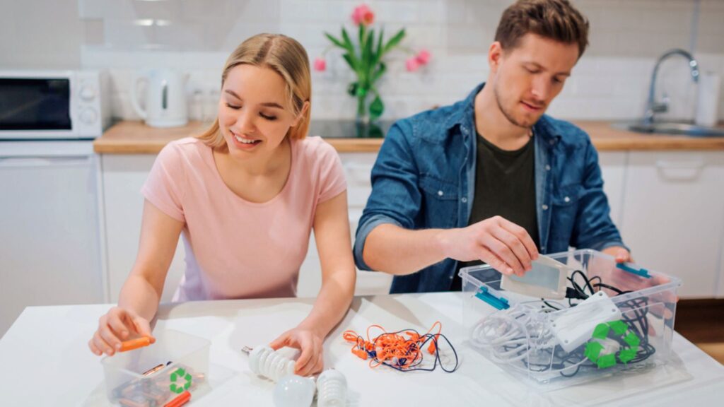 Recycling, reuse, energy. Young couple sorting batteries, other electronic waste into containers with recycling symbol while sitting at kitchen