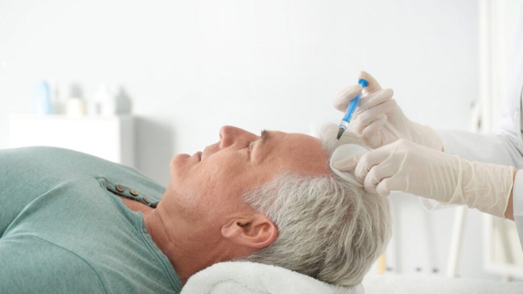 Senior man with hair loss problem receiving injection in salon