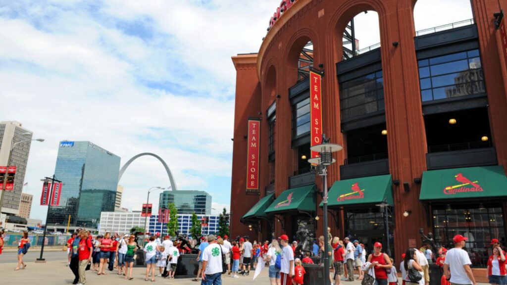 View of the Saint Louis Arch and Busch Stadium home of the Saint Louis Cardinals and site of the 2009 All Star Game