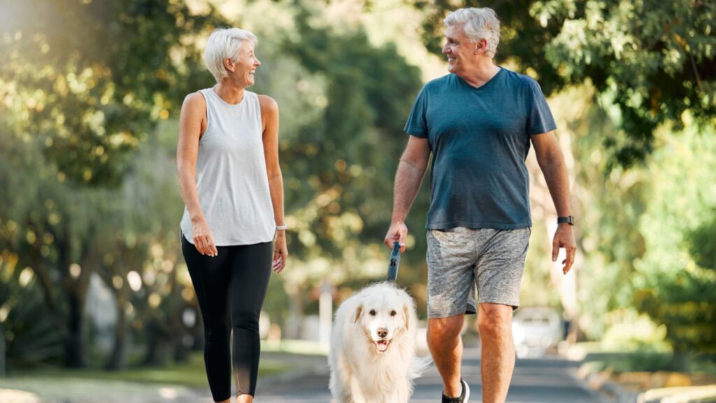 happy old retired couple walking dog outside in park