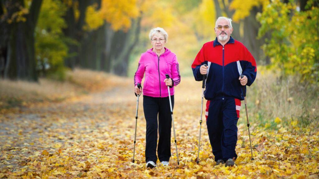 retired old couple walking exercising healthy outside forest autumn fall