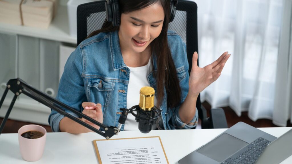 young woman podcast recording microphone online side hustle voiceover