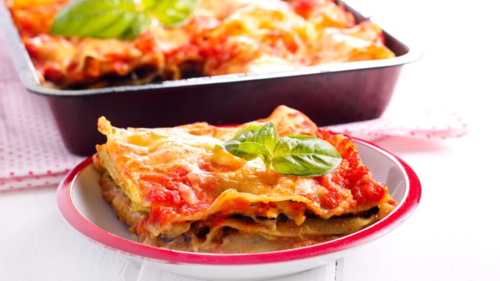 Aubergine and zucchini lasagna slice