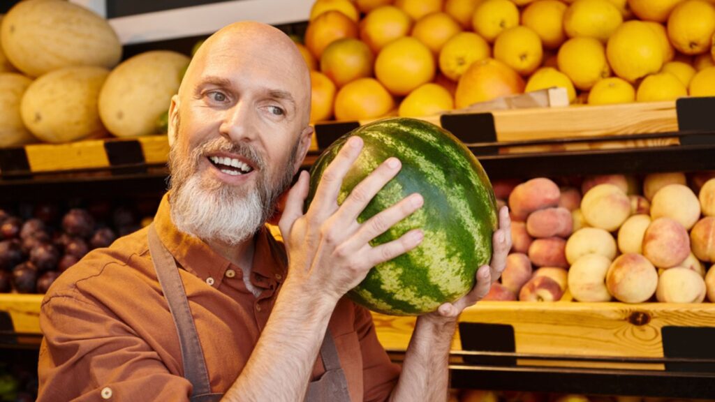 Cheerful bearded salesman posing with happily with watermelon near head and smiling joyfully