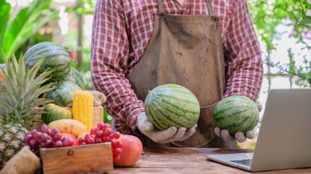 Farmer sell fresh fruit online. Online shopping and home delivery concept. New normal life and business after COVID-19. Lock down and Self-quarantine