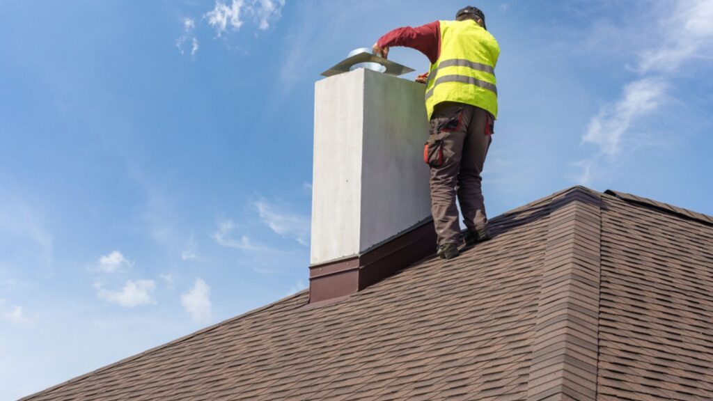 Man install chimney on roof top of new house under construction