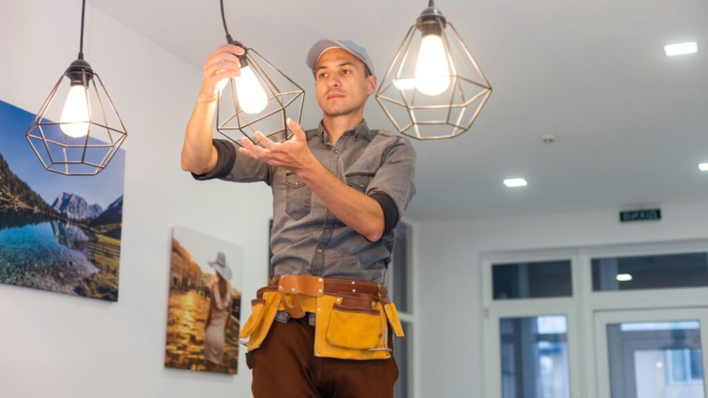 Worker installing lamp on stretch ceiling indoors. Space for text
