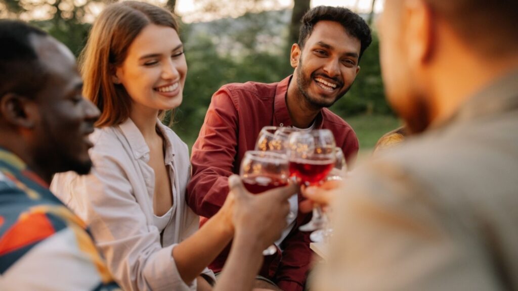 group of young friends cheers wine alcohol drinking bonfire. camping