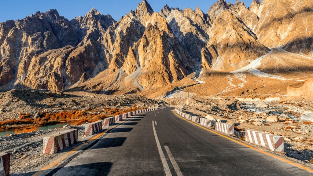 A view of the Passu Cathedral cones and glaciers from the Karakoram Highway