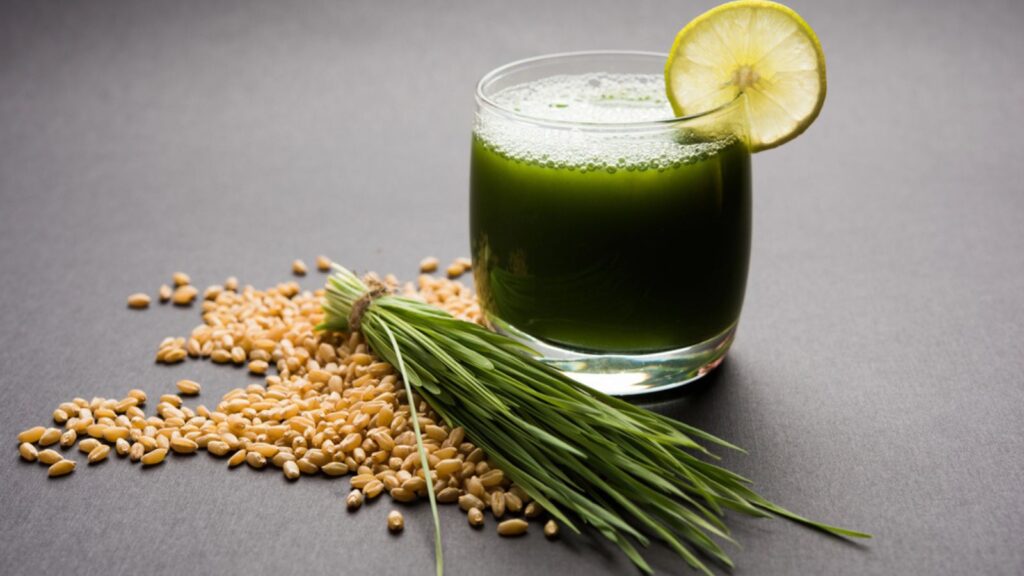 Ayurvedic or medicinal Wheat grass juice with lemon slice in glass