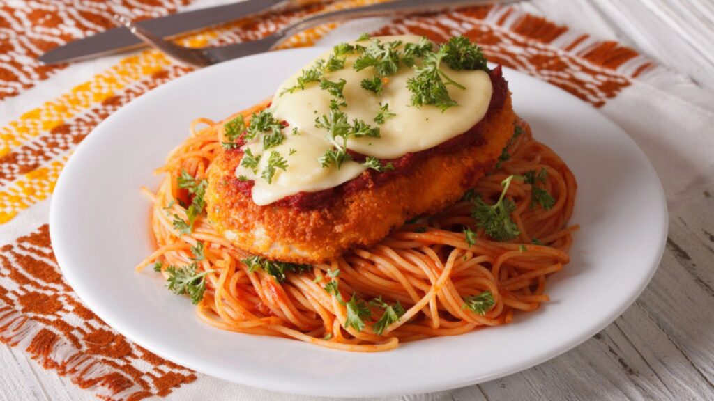 Chicken Parmigiana and pasta with tomatoes close-up