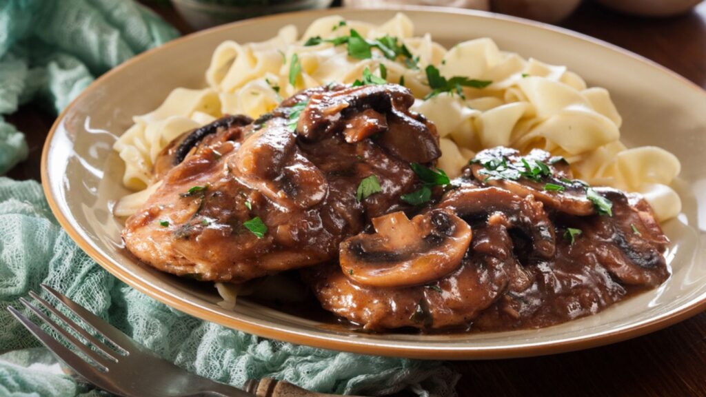 Delicious chicken marsala served with fettucine pasta