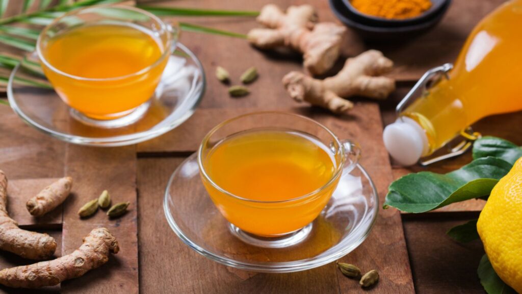 Healthy immune system booster, cold and flu remedy. Turmeric ginger lemon beverage