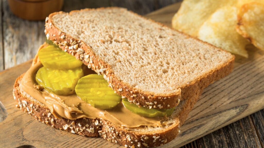 Homemade Peanut Butter and Pickle Sandwich with Chips