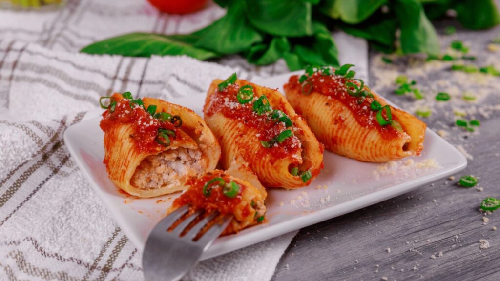 Jumbo shells pasta stuffed with a ricotta cheese and basil