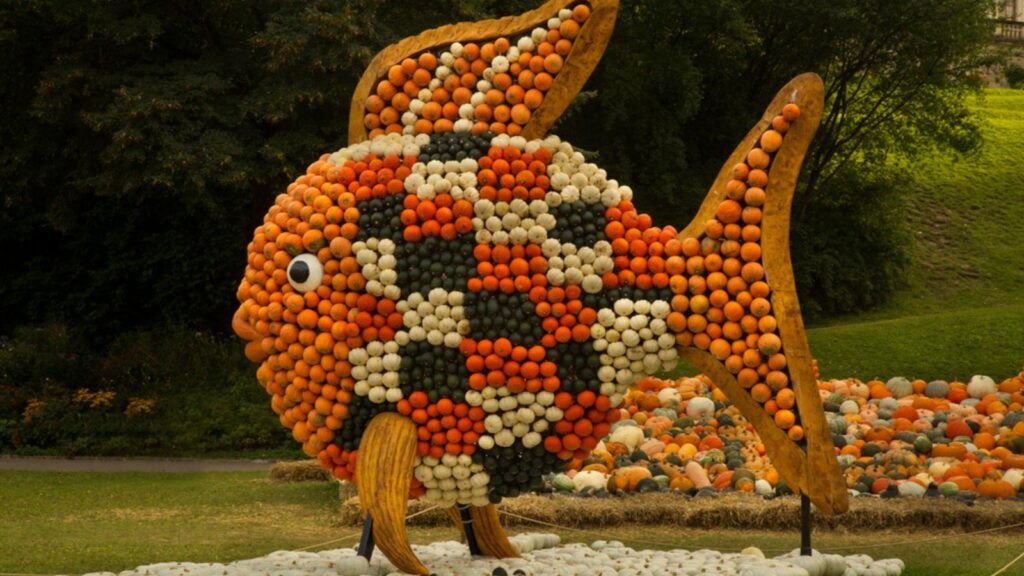 LUDWIGSBURG, GERMANY. Figures made from a pumpkin in the park of the town of Ludwigsburg, Germany.