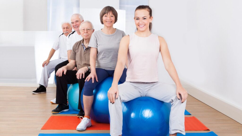 People Sitting On Fitness Balls In Exercise Class