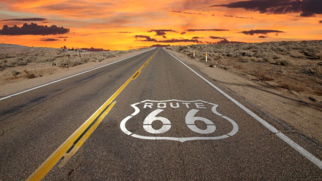 Route 66 Pavement Sign Sunrise Mojave Desert